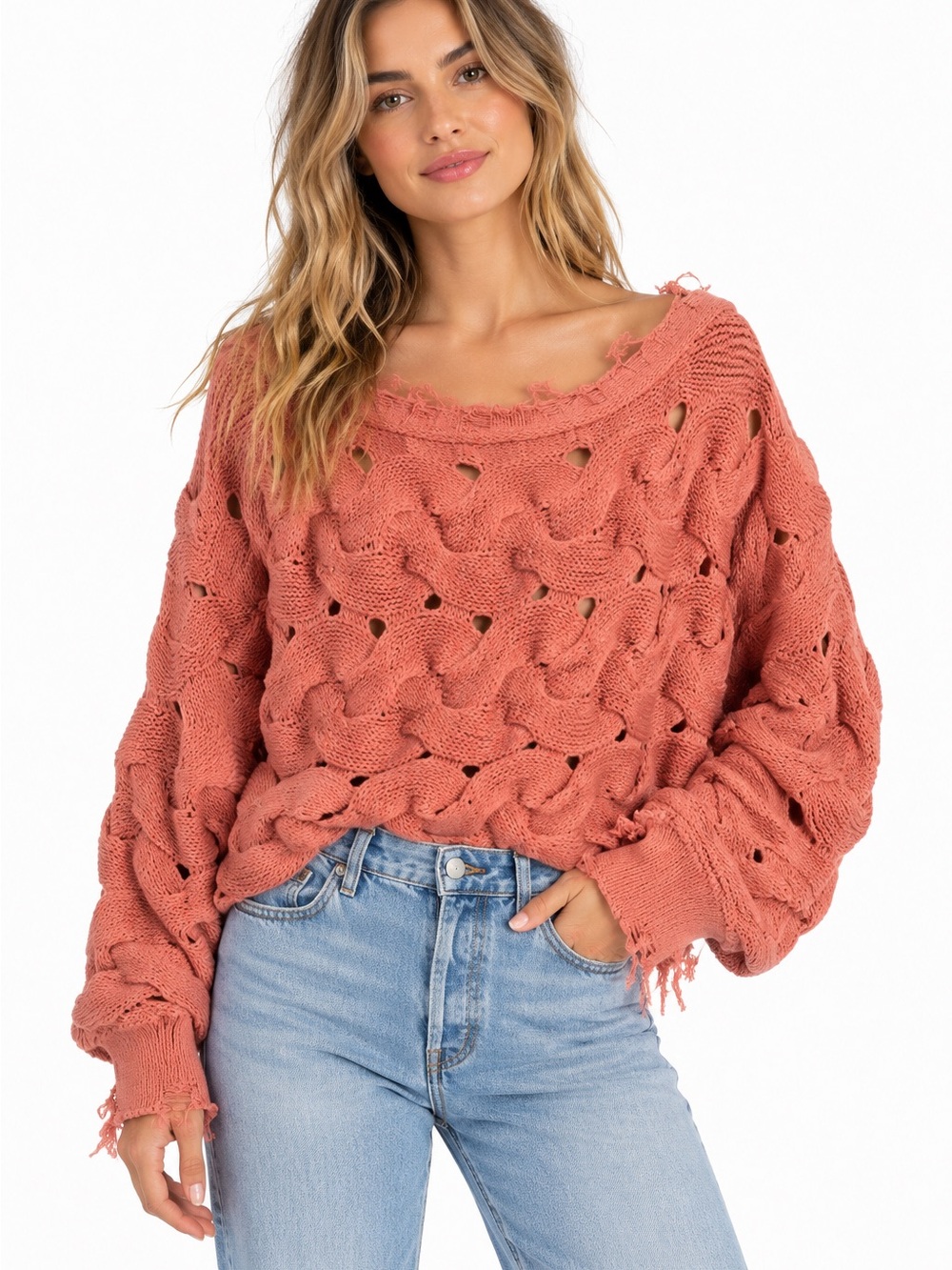 Free People Rosewood Open-Knit Distressed Crewneck Sweater - Coral
